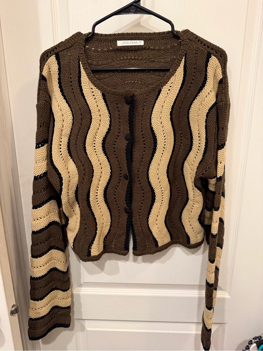 12th Tribe XL Brown Cream Wavy Knit Cropped Cardigan Sweater Retro Boho